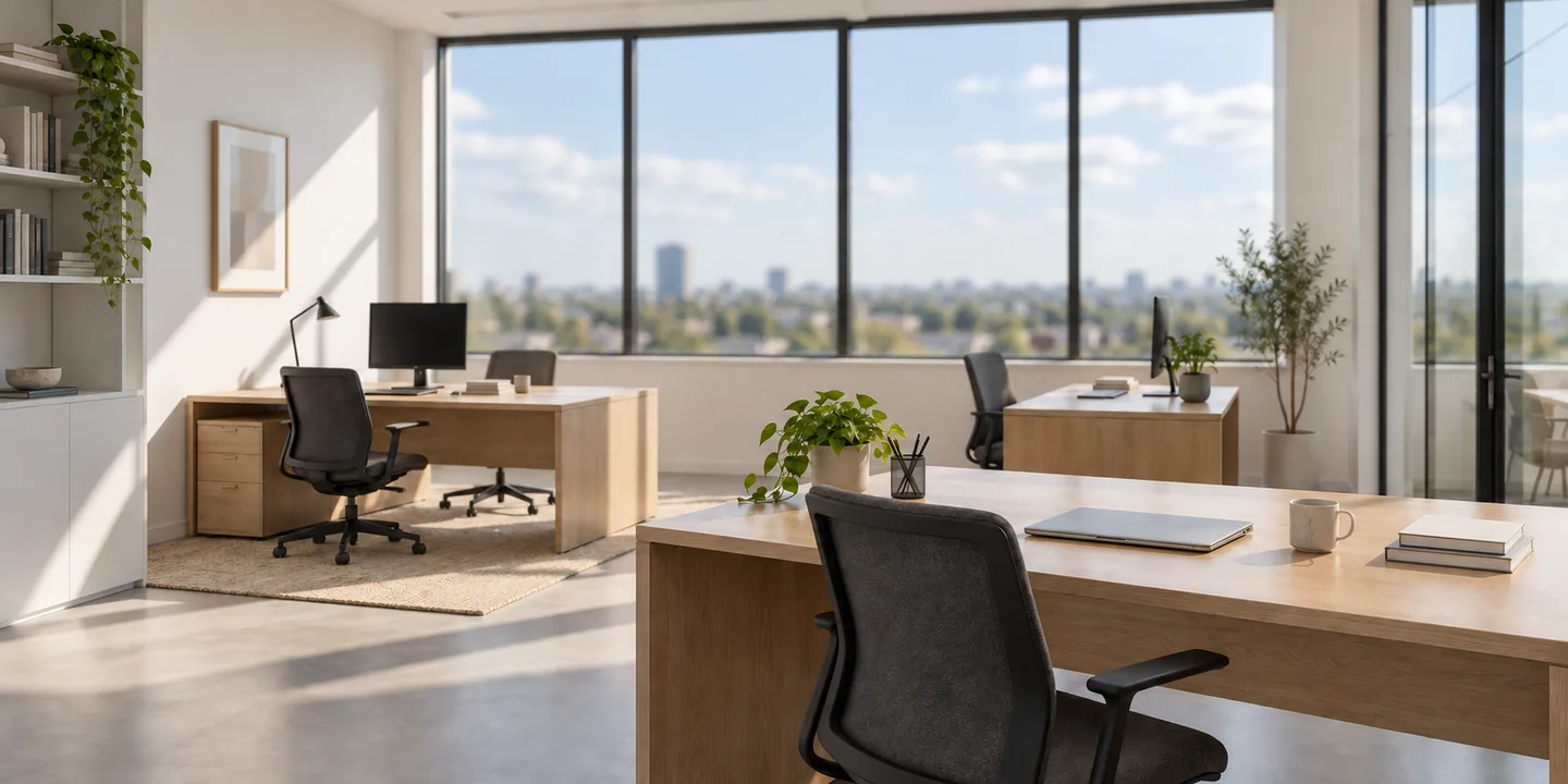 Escritório com uma mesa de trabalho em foco e a cidade ao fundo