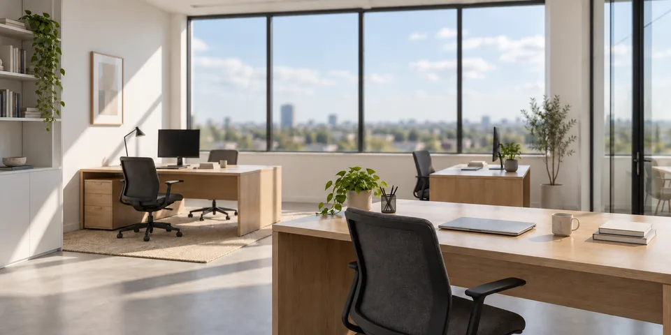 Escritório com a mesa de trabalho em foco e a cidade ao fundo